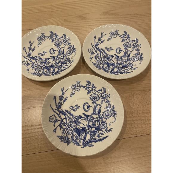 Wedgwood Ranunculus Blue Shell Edge Set Of 3 Saucers Cobalt Blue Flowers England - Picture 1 of 7
